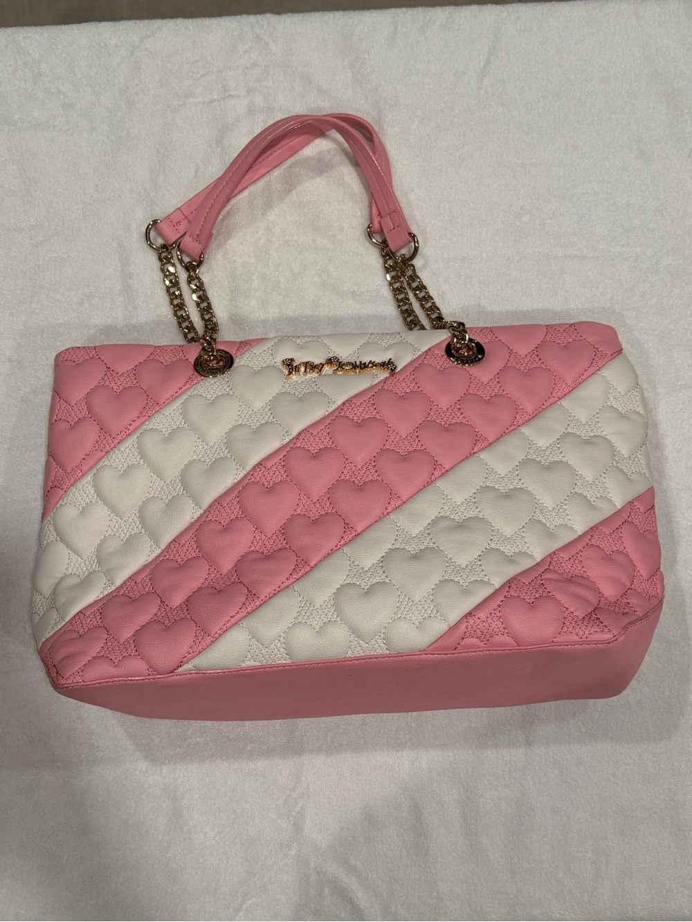 Betsey Johnson Pink and White Quilted Heart Tote with Gold Chain Handles